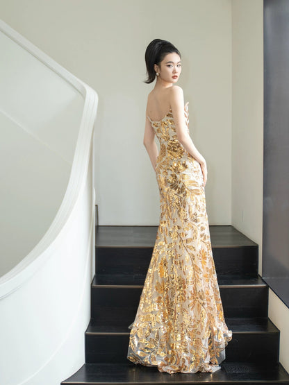 Robe de bal sirène dorée sans bretelles à paillettes, inspiration pour une longue soirée, tenue pour un 18e anniversaire AB2220