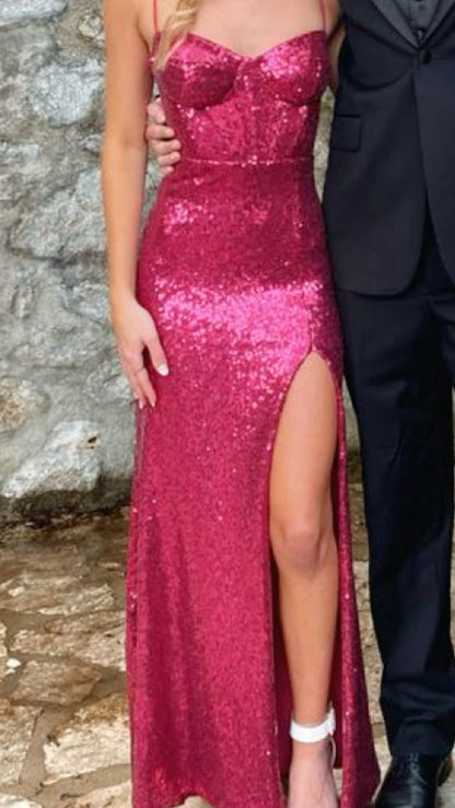 Sparkly Mermaid Spaghetti Strap Hot Pink Sequin With Slit Long Prom Dresses Formal Gown Inspo Evening Outfit AB780