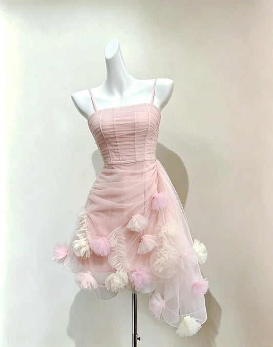 Unique Ball Gown Spaghetti Strap Pink Tulle With Flowers Short Graduation Dresses Inspo Senior Homecoming Outfits RB4906