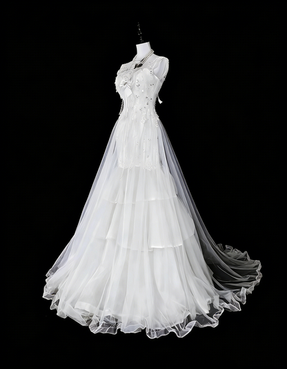 Vintage Prom Dresses Aesthetic 1950s Retro Mermaid White Tulle Lace Long Party Dress N2367