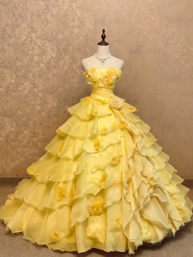 Yellow Tiered Tulle Strapless Sweet 16 Dress Ball Gown Sweet Sixteen Dresses RC0038