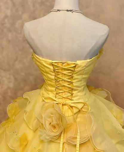 Yellow Tiered Tulle Strapless Sweet 16 Dress Ball Gown Sweet Sixteen Dresses RC0038
