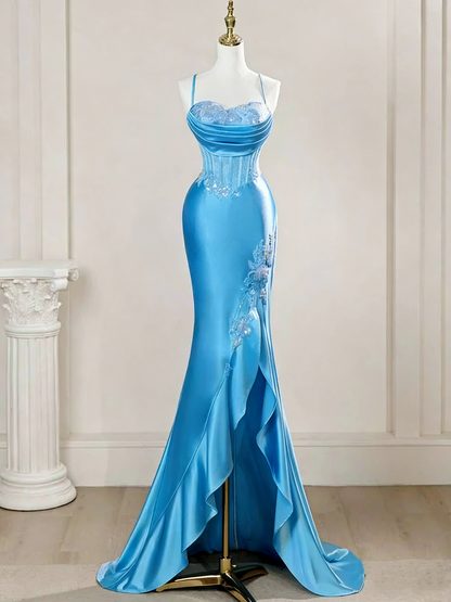 Elegant Mermaid Spaghetti Straps Blue Satin Beaded Pleated Long Prom Dresses Vestidos De Dia AB591