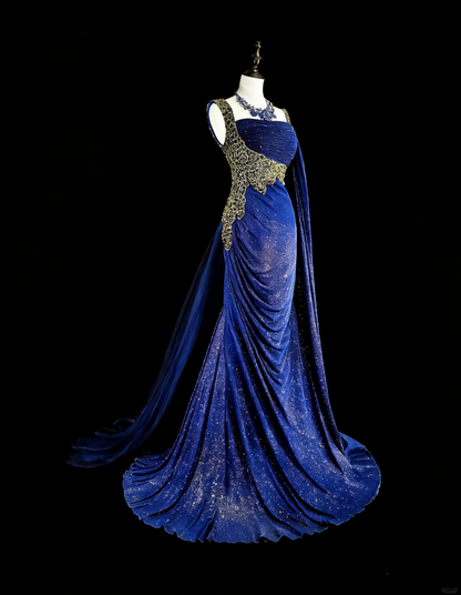 Elegantes, königsblaues Pailletten-Abendkleid mit Perlenstickerei im Meerjungfrauenstil, N1850