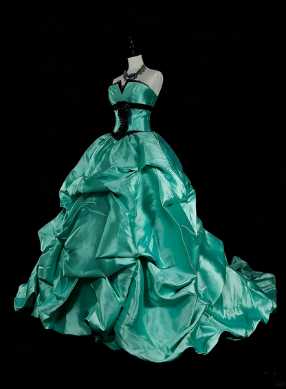Robe de bal vintage années 1760, bustier vert cœur, plissée en satin, longue robe de bal N1598
