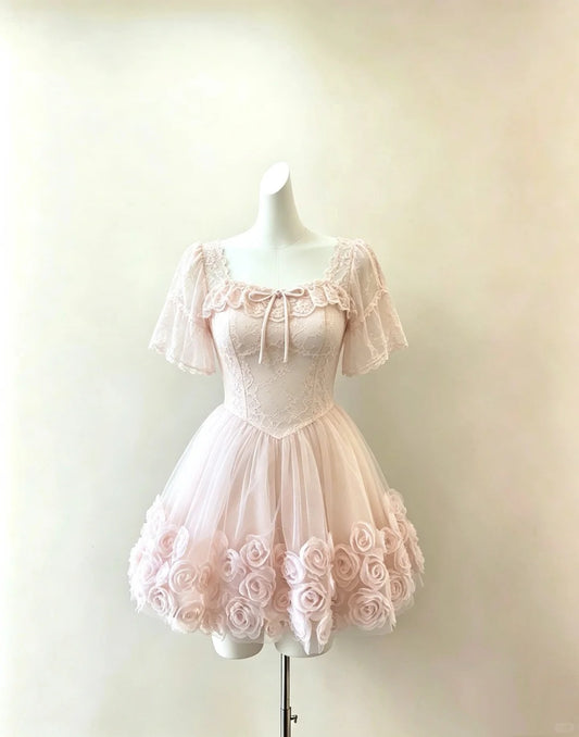 Elegant Ball Gown Square Neck Pink With Short Sleeves Lace Mini Short Cocktail Dress Homecoming Dresses Ideas Hoco Outfits RB4919