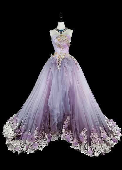 Vintage Ballkleider Abschlussballkleid Trägerlos Lila mit 3D-Applikationen 2000er Jahre Langes Partykleid N2380