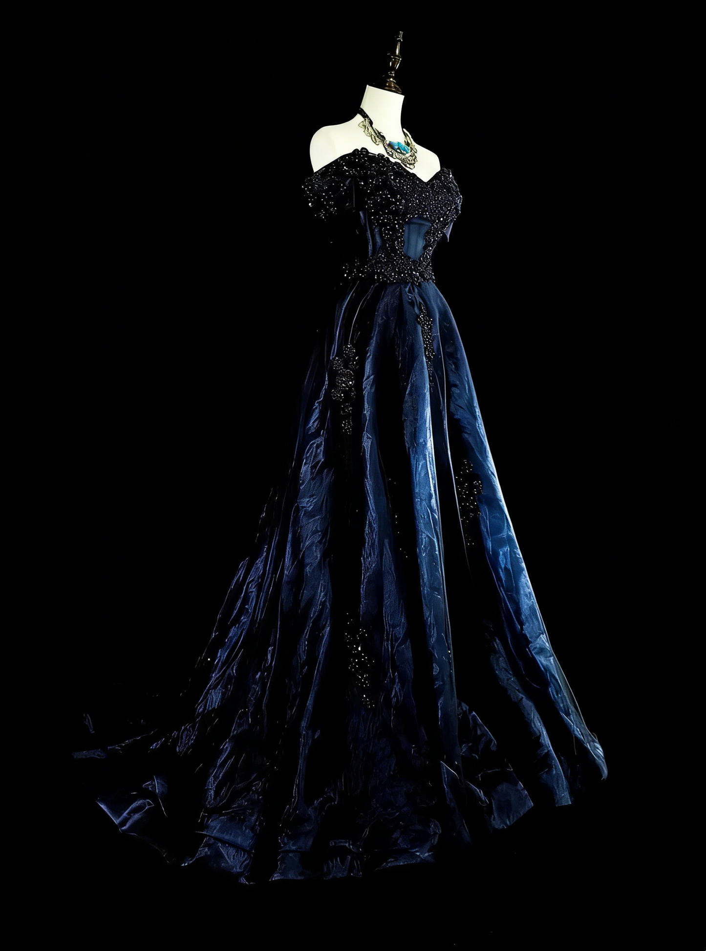 Robe de soirée vintage années 80, coupe trapèze, épaules dénudées, en tulle bleu marine, idéale pour un anniversaire ou un bal de promo (N1753).