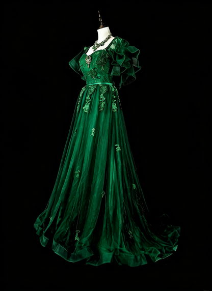 Robe de bal longue vintage vert foncé à bretelles spaghetti et dentelle perlée, coupe trapèze, référence N1827