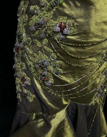 Robe de bal longue en satin vert olive à fines bretelles, style sirène vintage des années 2000 N2575