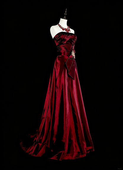 Robe de soirée vintage années 90, coupe trapèze, bustier, en satin bordeaux, robe de bal longue N1760
