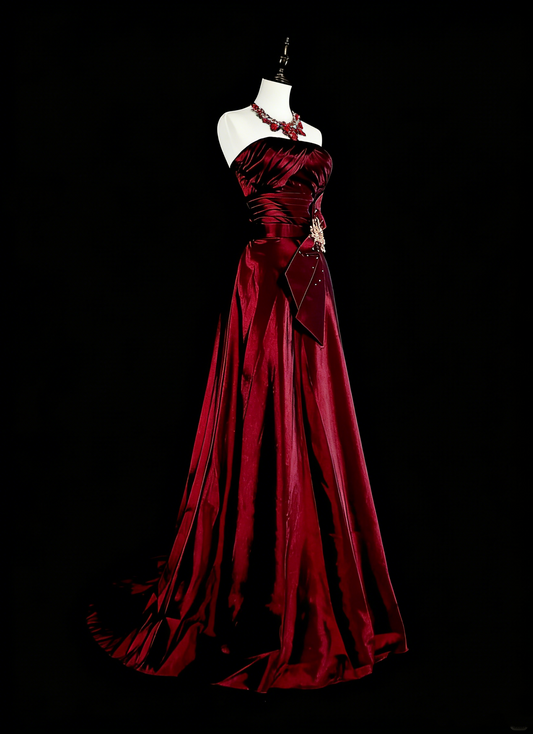 Vintage A line Strapless Burgundy Satin 90s Evening Gowns Formal Birthday Dress Long Prom Dresses N1760