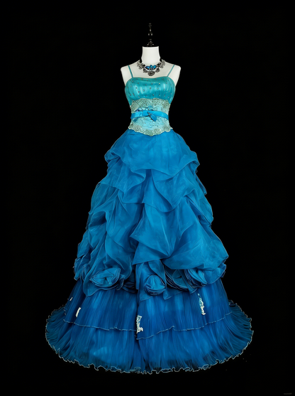Vintage Prom Dresses Ball Gown Spaghetti Strap Blue With Beading 1980s Long Formal Gown N2701