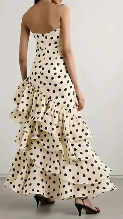 Trägerloses, langes Meerjungfrauen-Abendkleid mit Punkten und Rüschen, ärmellos, AB1761