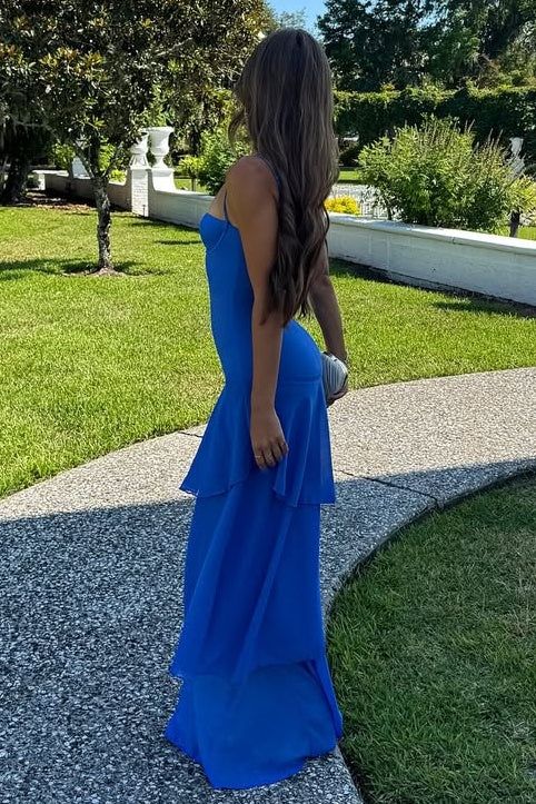 Robe de bal longue jaune sirène à fines bretelles et volants, idéale pour un anniversaire (AB2309)