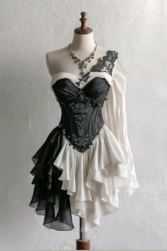 Vintage A line One Shoulder White Black Chiffon Short Homecoming Dress Inspo Graduation Dresses RB6851