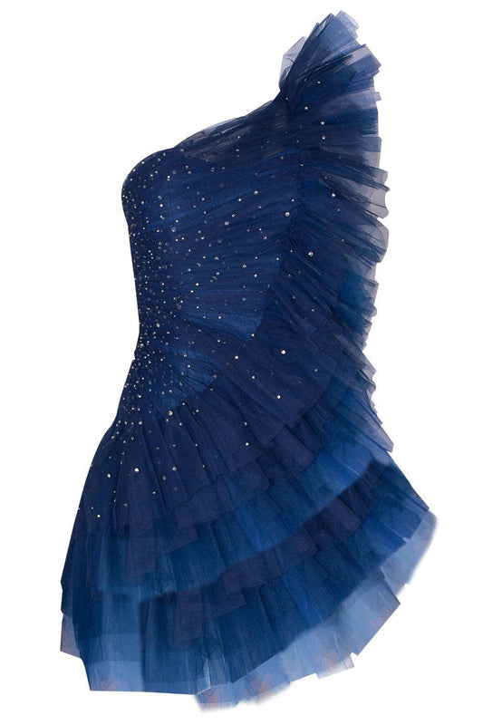 Blue Asymmetrical Mini Elegant Evening Dress Short Homecoming Dress With Beading RB6437