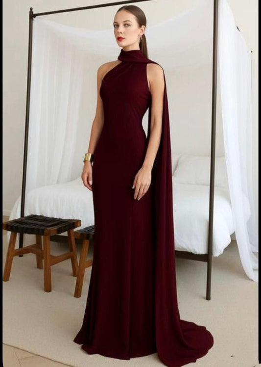 Sexy Meerjungfrau Hochgeschlossenes Weinrotes Abendkleid Langes Ballkleid N2693