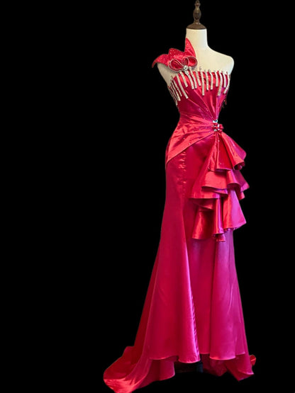 Robes de bal longues en satin rose vif, coupe sirène extravagante, une épaule, Inspo tenues de soirée RB4018