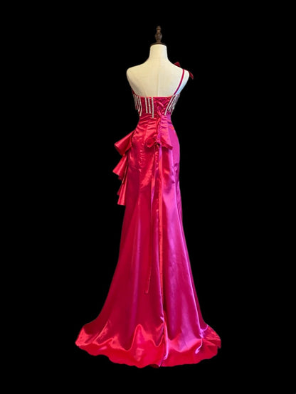 Robes de bal longues en satin rose vif, coupe sirène extravagante, une épaule, Inspo tenues de soirée RB4018