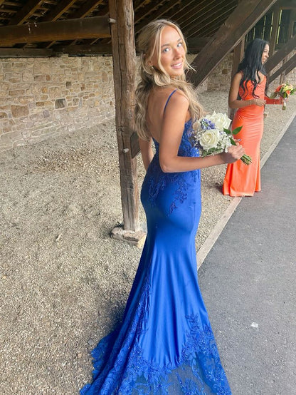 Robe de bal sirène modeste pour femme, bretelles spaghetti, robe de soirée en satin bleu royal N1516