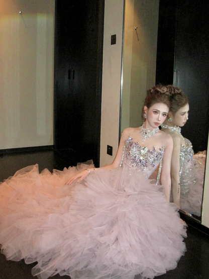 Robe de bal sirène de luxe en tulle rose, col bijou, dos ajusté, corset orné de perles, tenue de soirée longue et esthétique pour la remise des diplômes N060