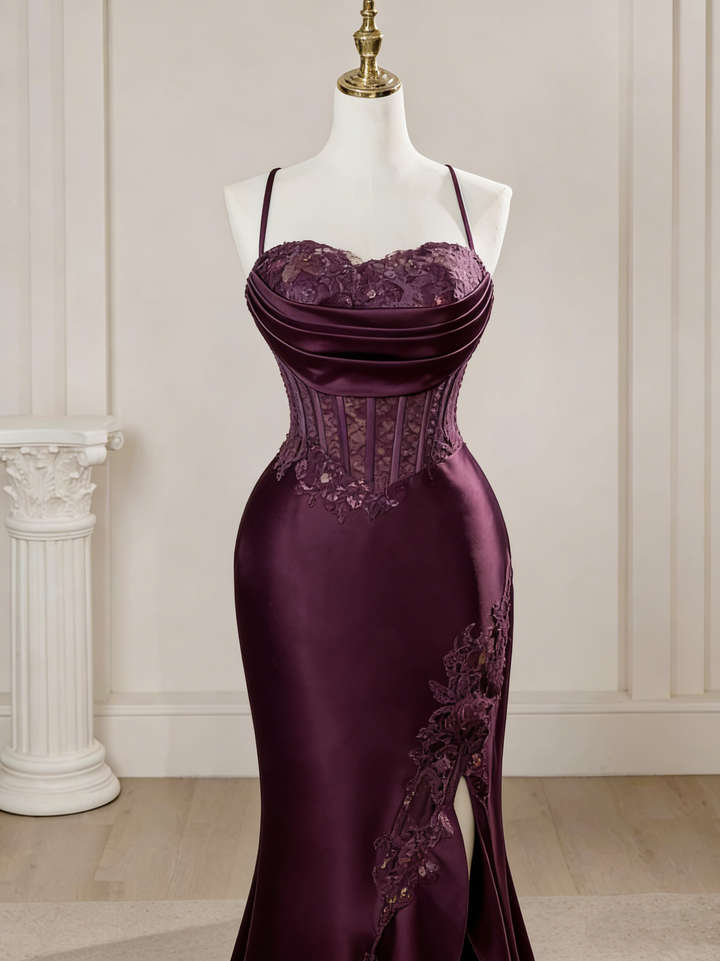 Elegant Mermaid Spaghetti Straps Blue Satin Beaded Pleated Long Prom Dresses Vestidos De Dia AB591