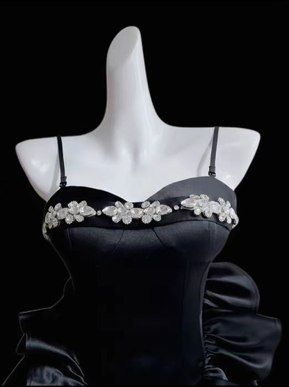 Cute Ball Gown Spaghetti Strap Black Satin Mini University Ideas Homecoming Dress Inspo Short Birthday Dresses Senior Graduation Outfits RB7171