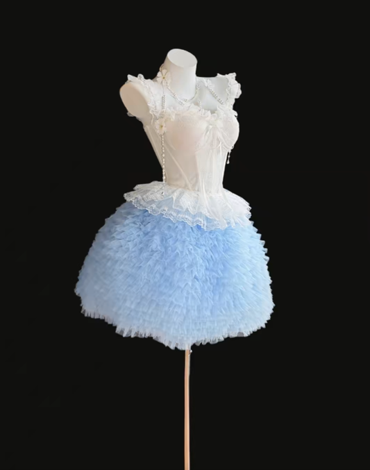 Stunning Ball Gown Sweetheart Blue Tulle White Lace Short Homecoming Dresses Senior High Schools For Teens Ideas Inspo Short Birthday Cocktail Outfits RB7339