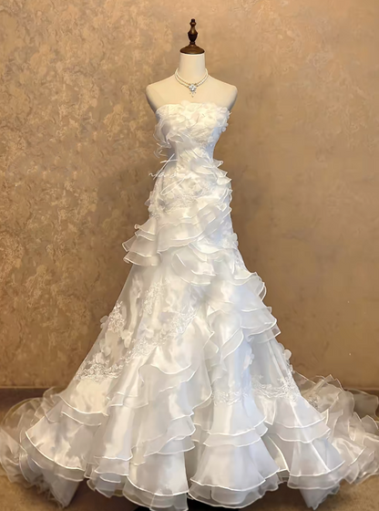 White Prom Dress Inspo Mermaid Strapless With Tiered Tulle Modest Long Formal Party Gown RC0040