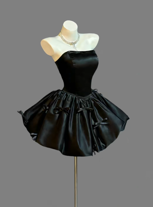 Pretty Ball Gown Strapless Little Black Dress With Bow Short Party Homecoming Dress Senior High School Ideas Inspo Short Birthday Outfits RB7341