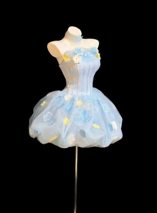 Pretty Ball Gown Strapless Light Blue With Flowers Short Party Homecoming Dress Senior High School Ideas Inspo Short Birthday Outfits RB7342
