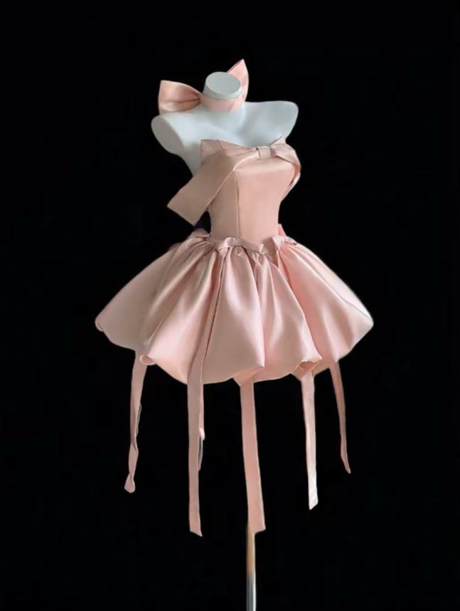 Pretty Ball Gown Off The Shoulder Satin Pink Short Mini Party Homecoming Dresses High School Ideas Inspo 16th Birthday Outfits RB7345