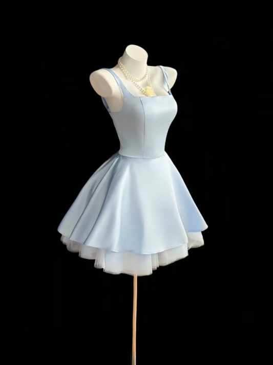 Pretty Ball Gown Square Neck Light Sky Blue Satin Short Mini Party Homecoming Dresses High School Ideas Inspo 17th Birthday Outfits RB7347