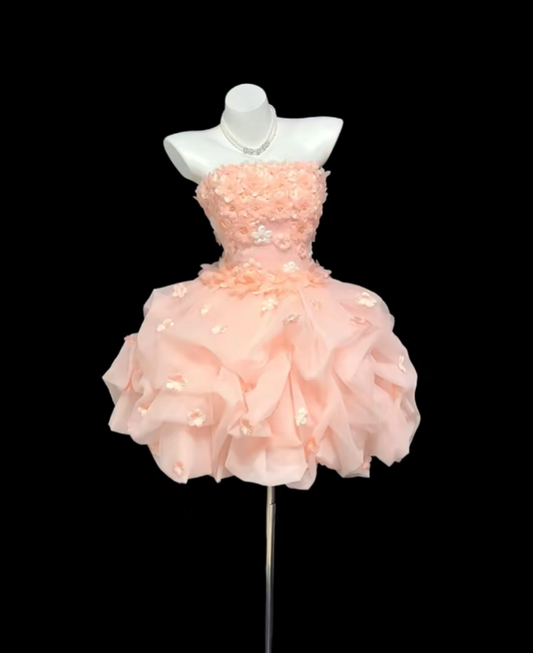 Pretty Ball Gown Strapless Blush Pink With Flowers Short Party Homecoming Dress Senior High School Ideas Inspo Short Birthday Outfits RB7348