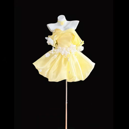 Pretty Ball Gown Off The Shoulder Yellow With White Flowers Mini Short Party Homecoming Dress High School Ideas Inspo Short Birthday Outfits RB7326
