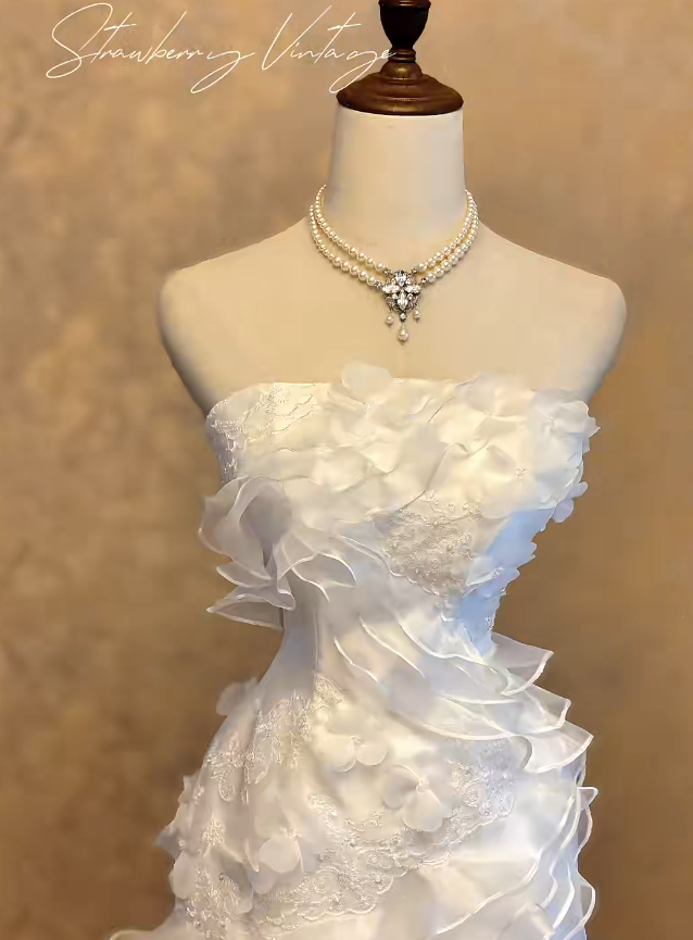 White Prom Dress Inspo Mermaid Strapless With Tiered Tulle Modest Long Formal Party Gown RC0040