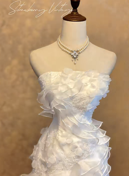 White Prom Dress Inspo Mermaid Strapless With Tiered Tulle Modest Long Formal Party Gown RC0040