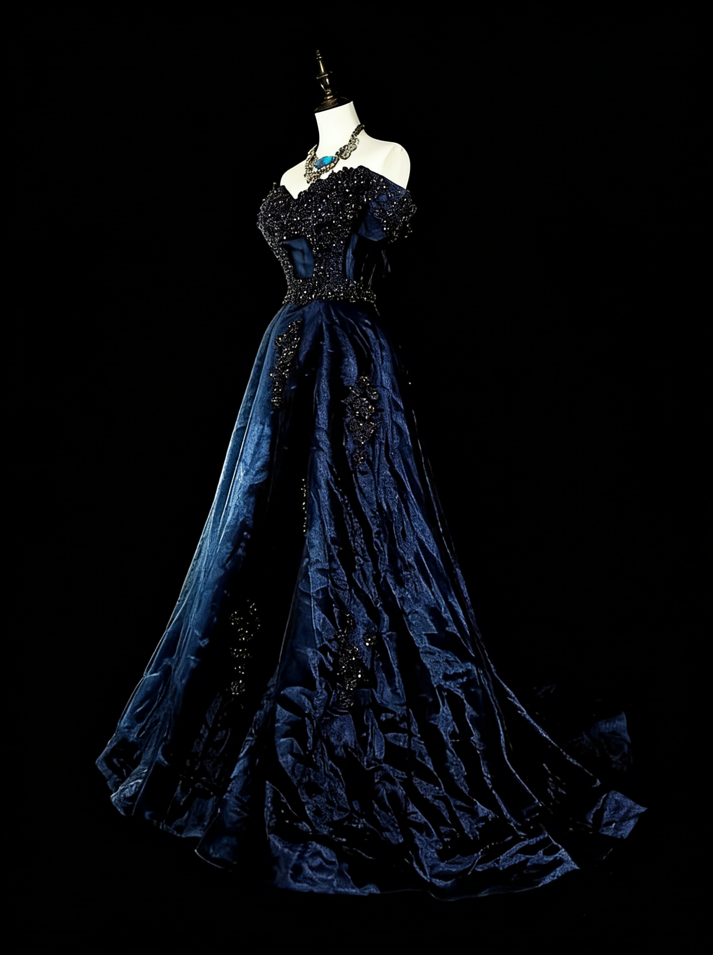 Robe de soirée vintage années 80, coupe trapèze, épaules dénudées, en tulle bleu marine, idéale pour un anniversaire ou un bal de promo (N1753).