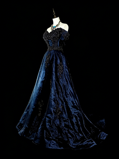 Robe de soirée vintage années 80, coupe trapèze, épaules dénudées, en tulle bleu marine, idéale pour un anniversaire ou un bal de promo (N1753).