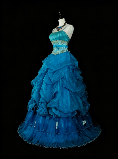 Vintage Prom Dresses Ball Gown Spaghetti Strap Blue With Beading 1980s Long Formal Gown N2701