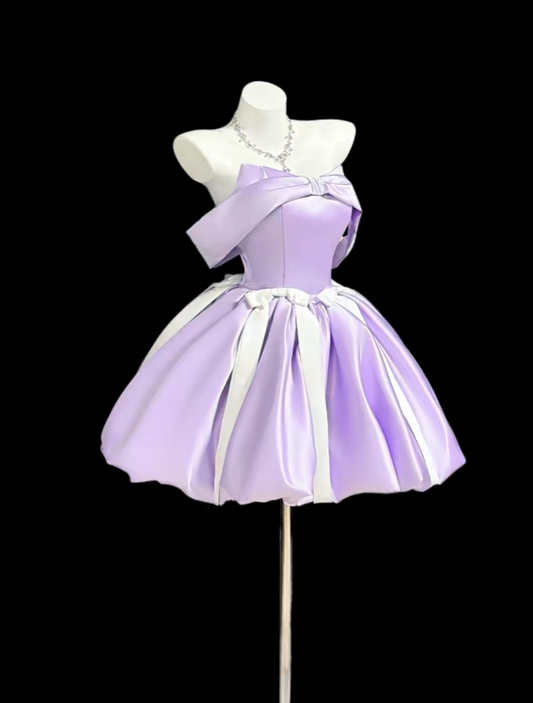 Pretty Ball Gown Off The Shoulder Lilac Satin Mini Short Party Homecoming Dress High School Ideas Inspo Short Birthday Outfits RB7327