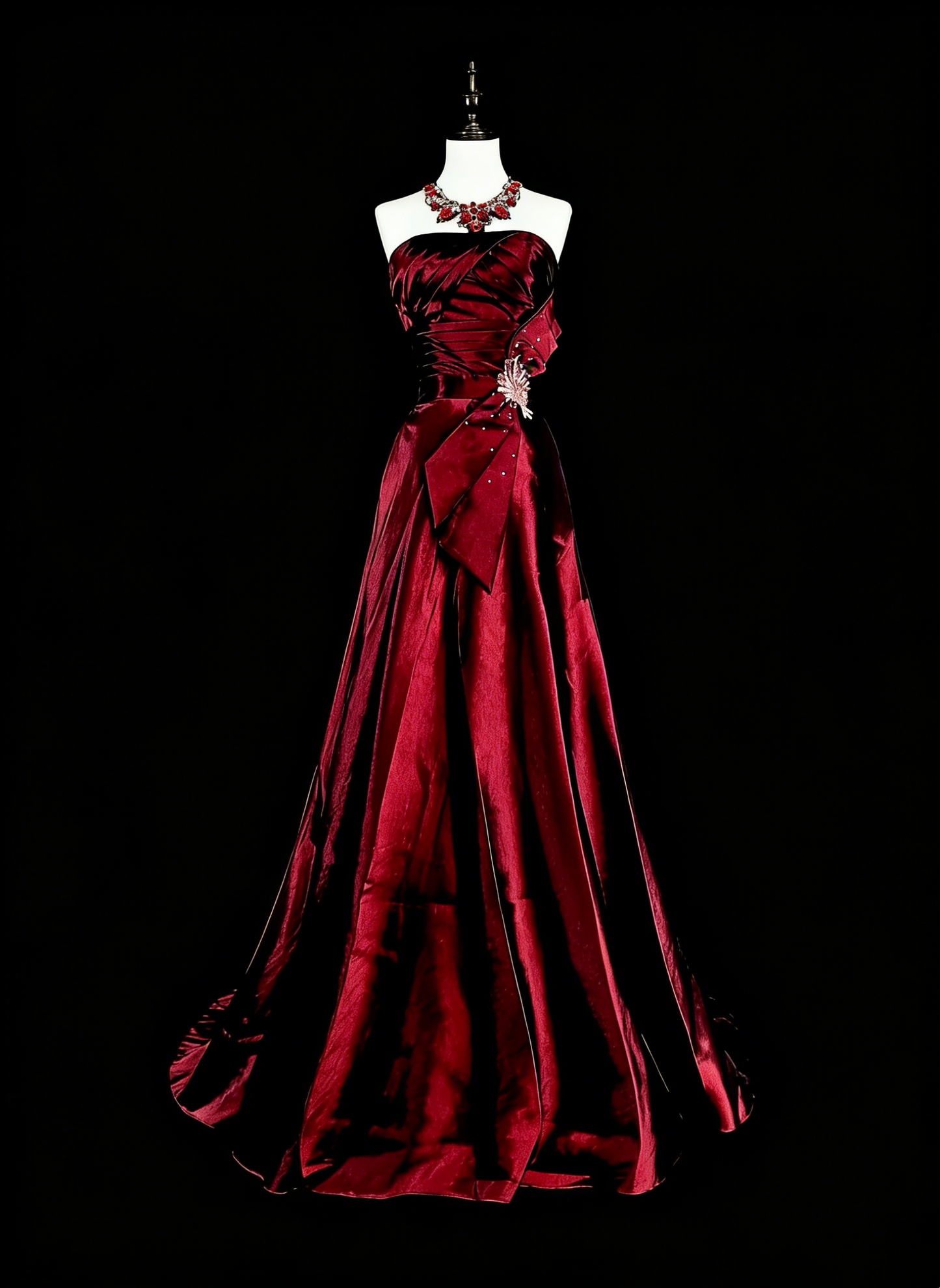 Robe de soirée vintage années 90, coupe trapèze, bustier, en satin bordeaux, robe de bal longue N1760