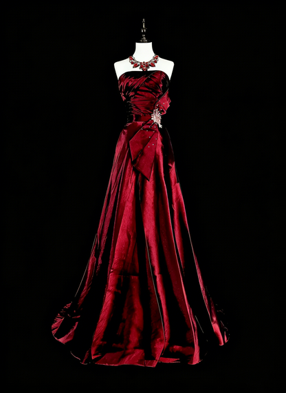 Robe de soirée vintage années 90, coupe trapèze, bustier, en satin bordeaux, robe de bal longue N1760
