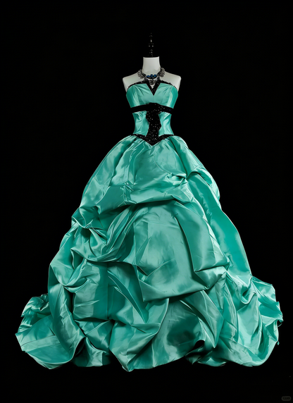 Robe de bal vintage années 1760, bustier vert cœur, plissée en satin, longue robe de bal N1598