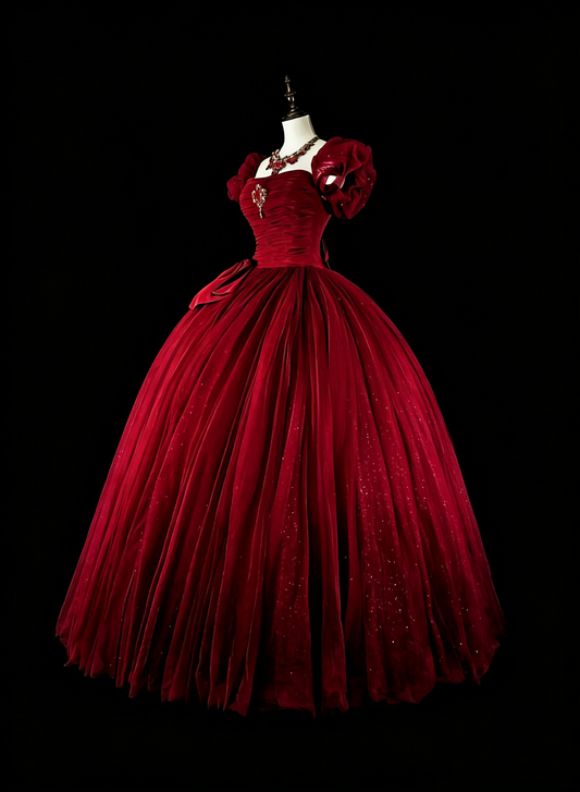 Bescheidene Ballkleider für den Abschlussball mit quadratischem Ausschnitt, burgunderrotem Tüll, langes Quinceañera-Kleid N3072