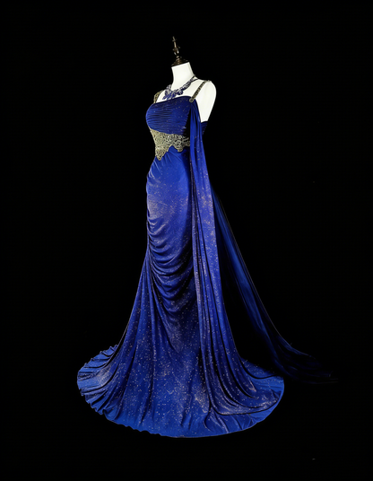 Elegantes, königsblaues Pailletten-Abendkleid mit Perlenstickerei im Meerjungfrauenstil, N1850