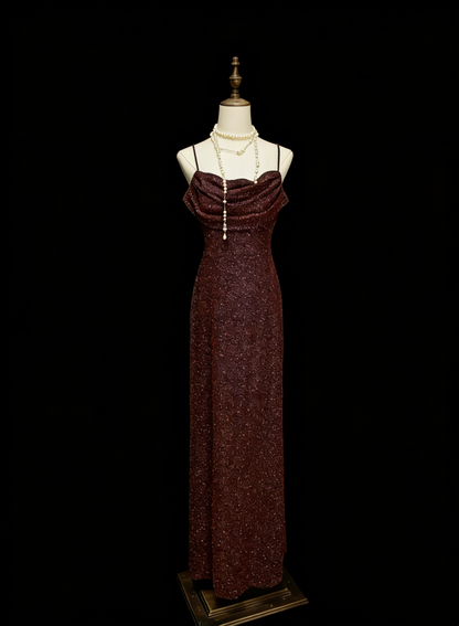 Glitzerndes Meerjungfrau Spaghetti-Träger Braunes Ärmelloses Sommer-Festkleid für Frauen Mädchen Teenager Ballkleider N2240