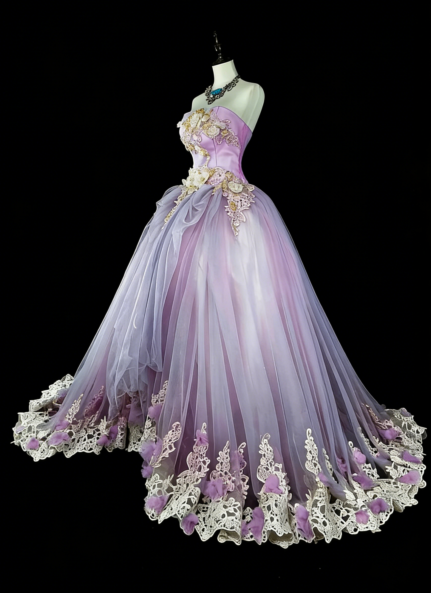 Vintage Ballkleider Abschlussballkleid Trägerlos Lila mit 3D-Applikationen 2000er Jahre Langes Partykleid N2380