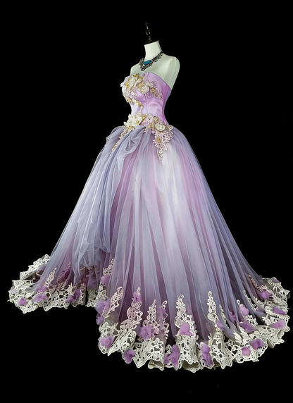 Vintage Ballkleider Abschlussballkleid Trägerlos Lila mit 3D-Applikationen 2000er Jahre Langes Partykleid N2380